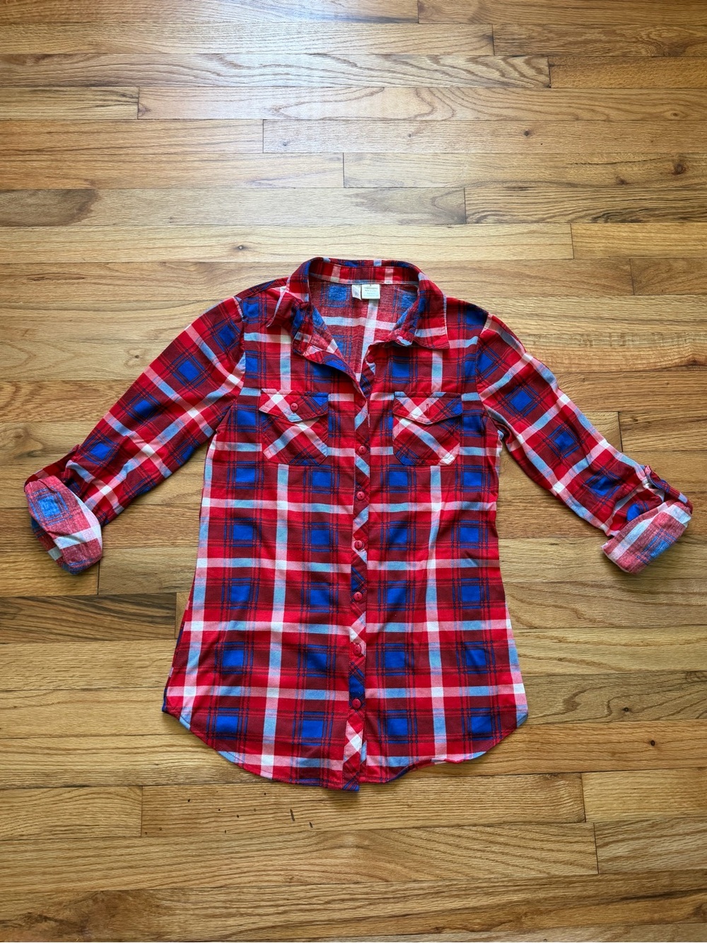 Women’s Red and Blue Plaid Button-Down Shirt